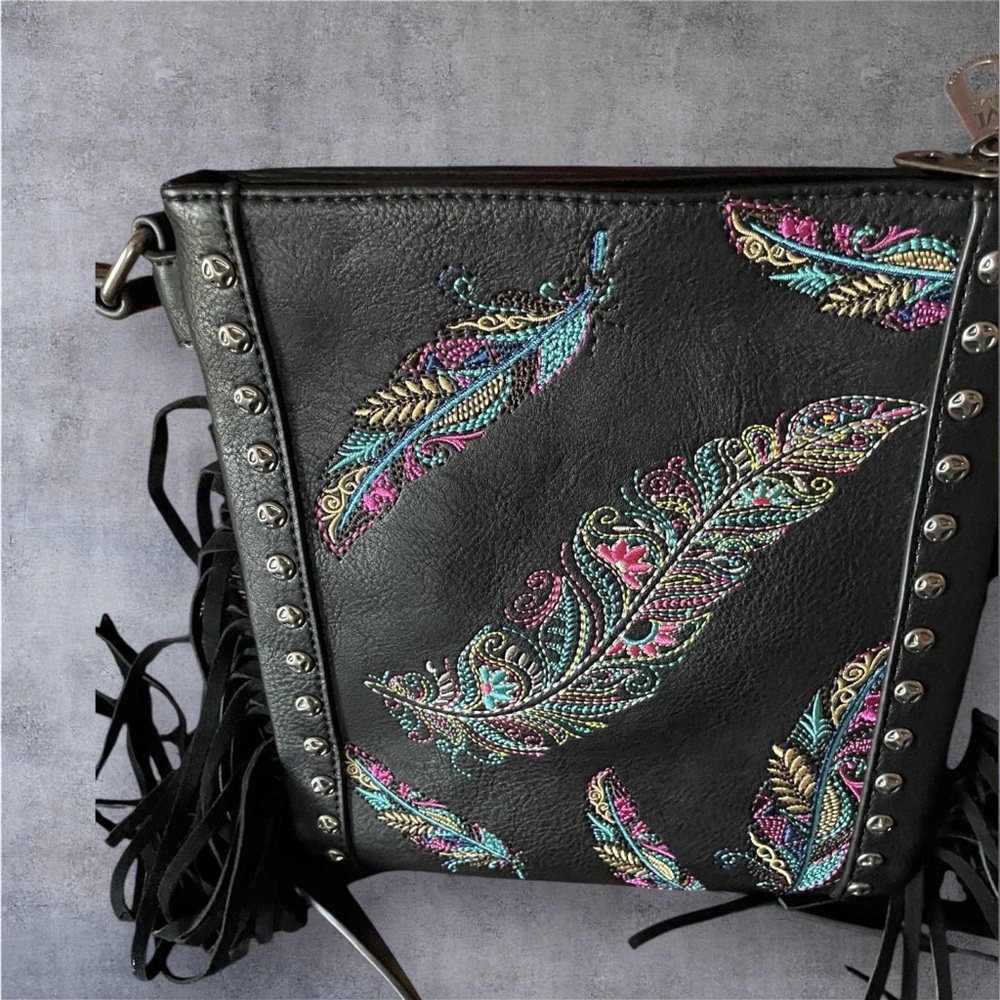 Embroidered Black Leather Fringe Bag